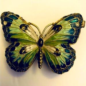 Beautiful Gold, Blue, Teal and Green Butterfly Hinged Trinket Box NWOT
